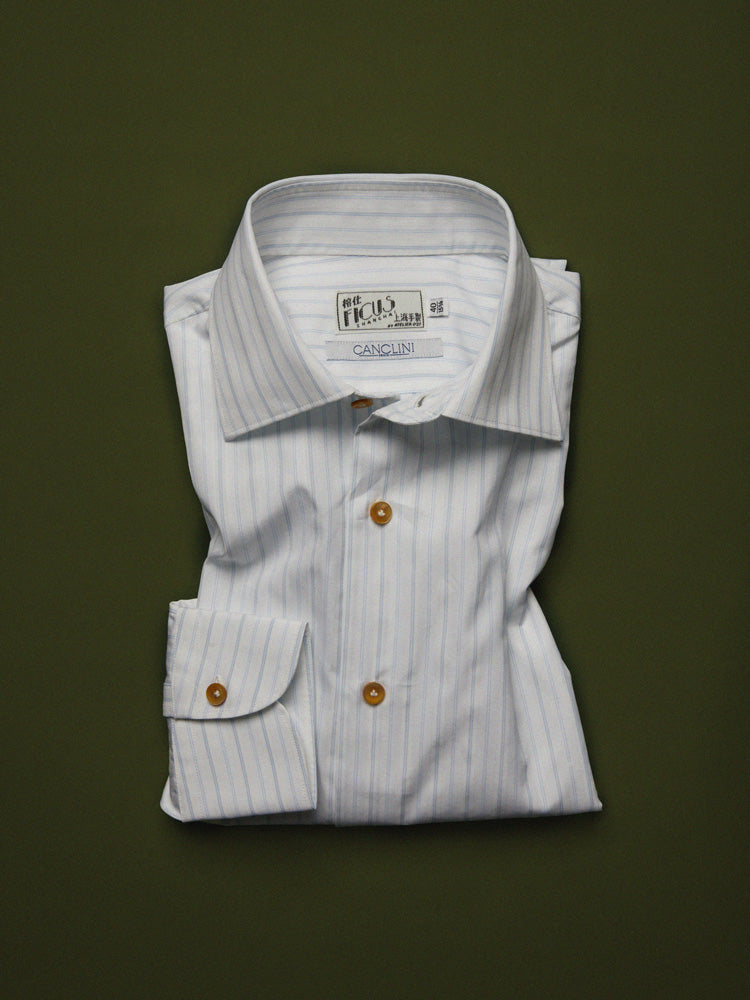Cotton Pinstriped Spread Collar Handcrafted Shirt - White & Blue/Canclini