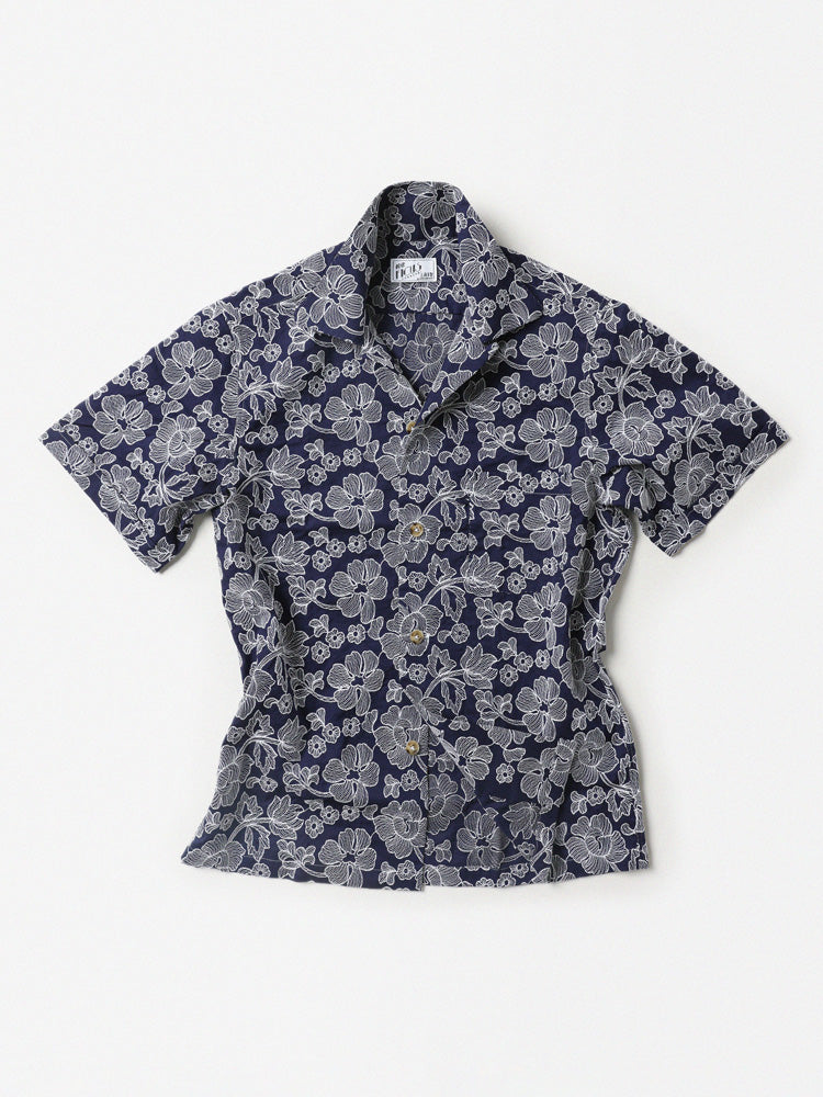 Navy Hand-Embroidered Aloha Shirt