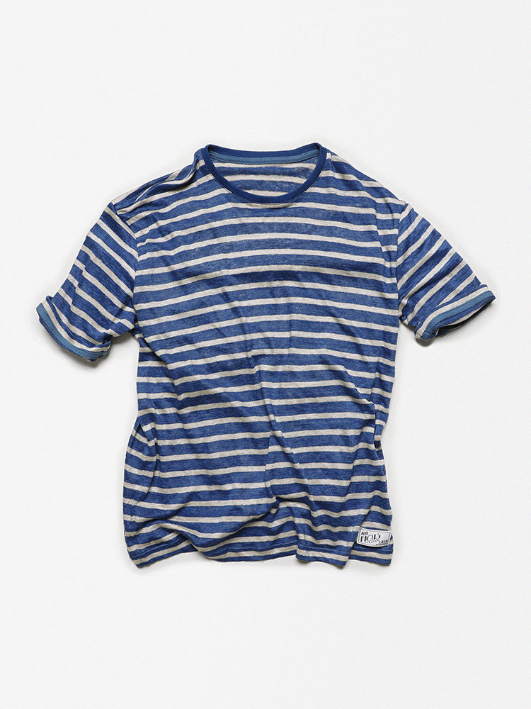 PREMIÈRE Linen Stripe Short-Sleeved T-shirt In Blue & White