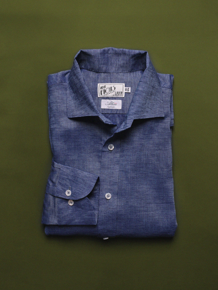 Linen Half One-Piece Collar Handcrafted Shirt - Navy / Albini