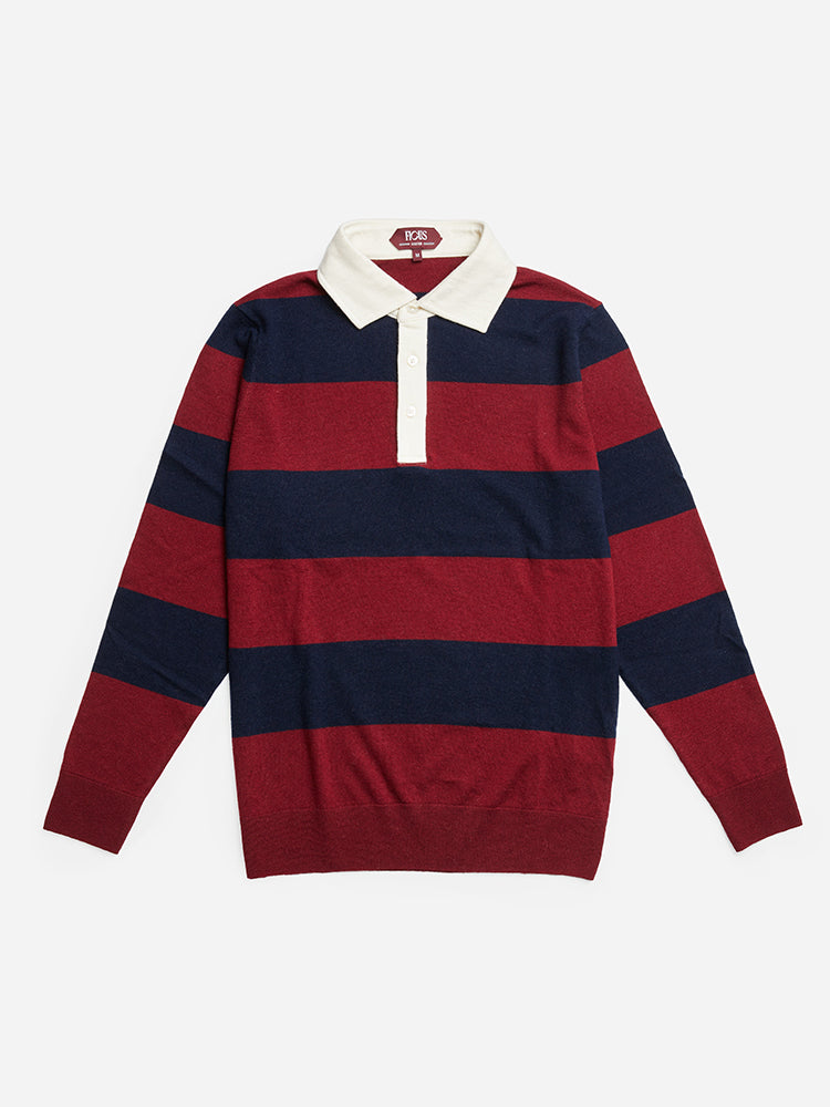 Wool/Cashmere Stripe LS Joint Polo - Navy/Red