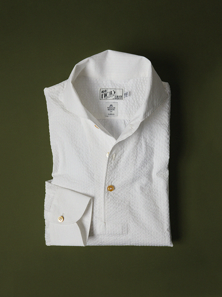 Cotton Seersucker Handcrafted Polo Shirt - White/Thomas Mason