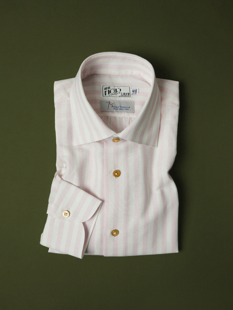 Neapolitan Cotton Wide Stripe Spread Collar Handcrafted Shirt - Pink & White/Piero Tonella