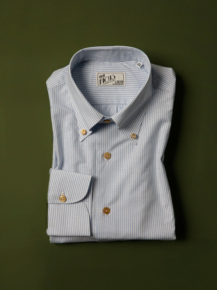 Neapolitan Cotton/Linen Stripe Handcrafted Shirt - Light Blue/Canclini