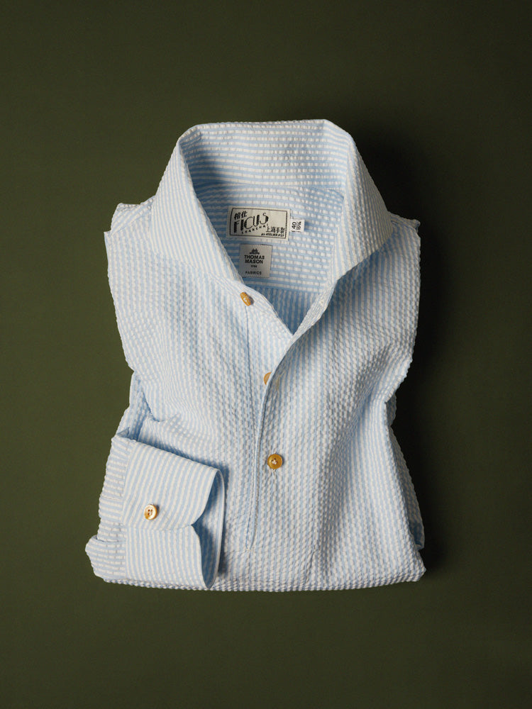 Neapolitan Cotton Seersucker Stripe Handcrafted Polo Shirt - White & Blue/Thomas Mason