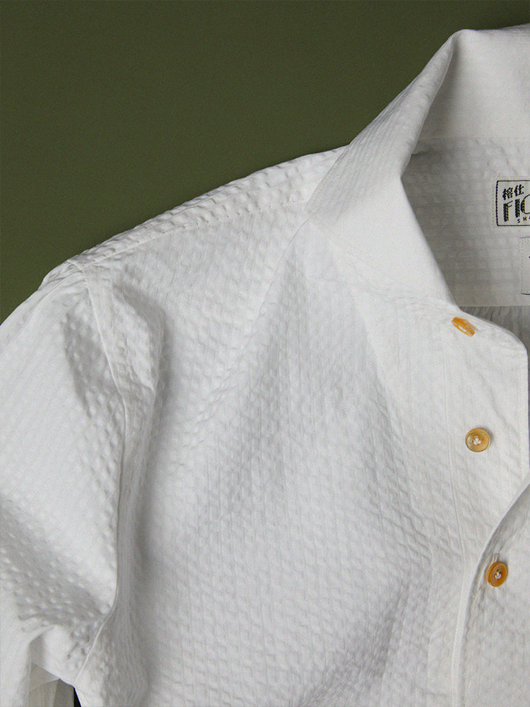 Cotton Seersucker Handcrafted Polo Shirt - White/Thomas Mason