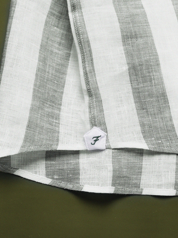 Linen Broad Striped Half One-Piece Collar Handcrafted Shirt - White & Sage / Piero Tonella