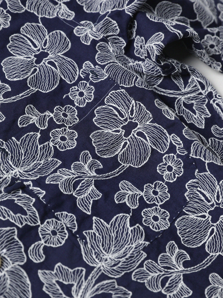 Navy Hand-Embroidered Aloha Shirt