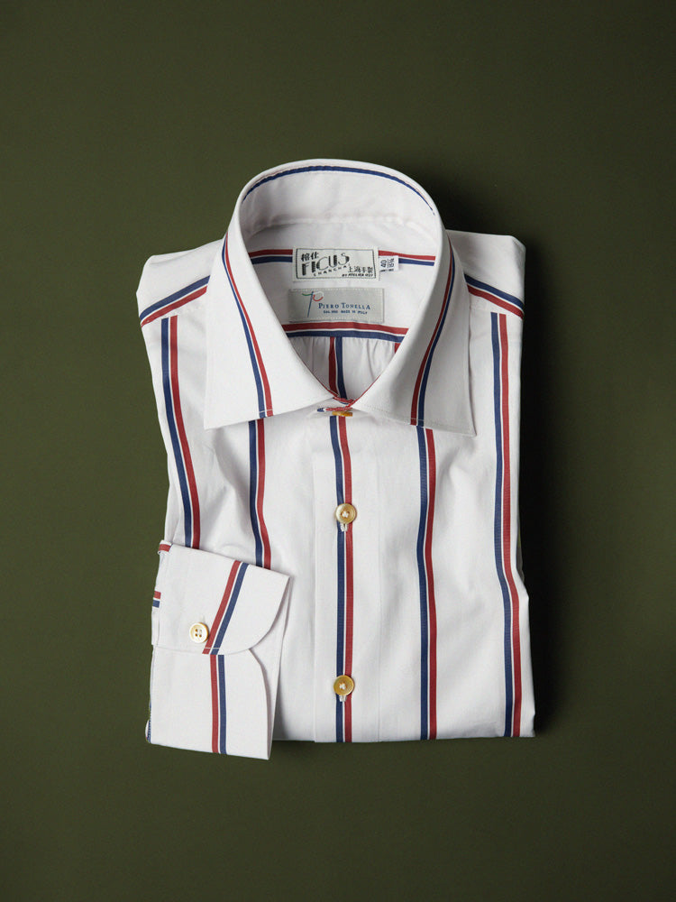 Neapolitan Cotton Double Stripe Spread Collar Handcrafted Shirt - Blue & Red/Piero Tonella