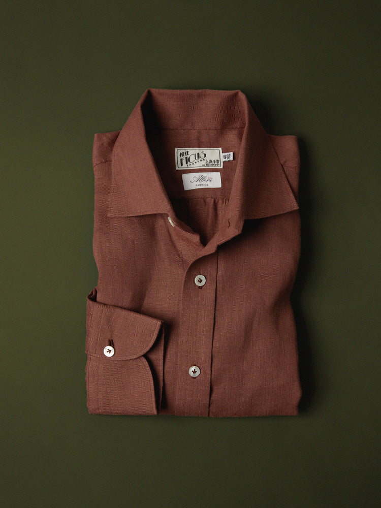 Neapolitan Linen/Silk Half One Piece Collar Handcrafted Shirt - Dark Red/Albini