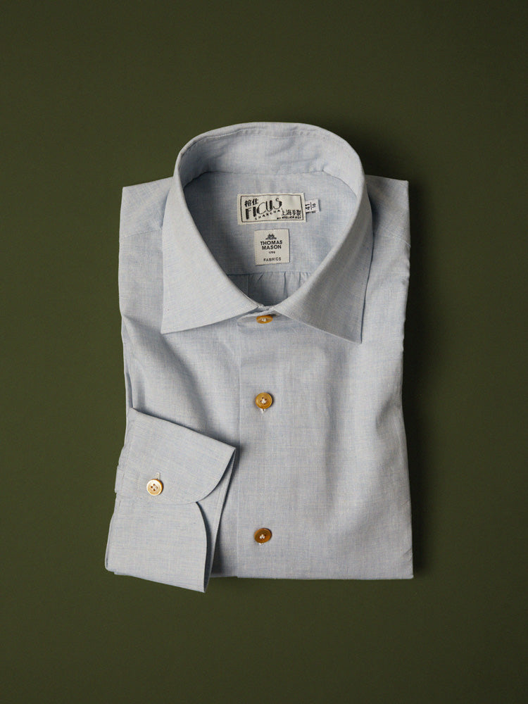 Neapolitan Cotton/Linen Spread Collar Handcrafted Shirt - Dusty Blue/Thomas Mason