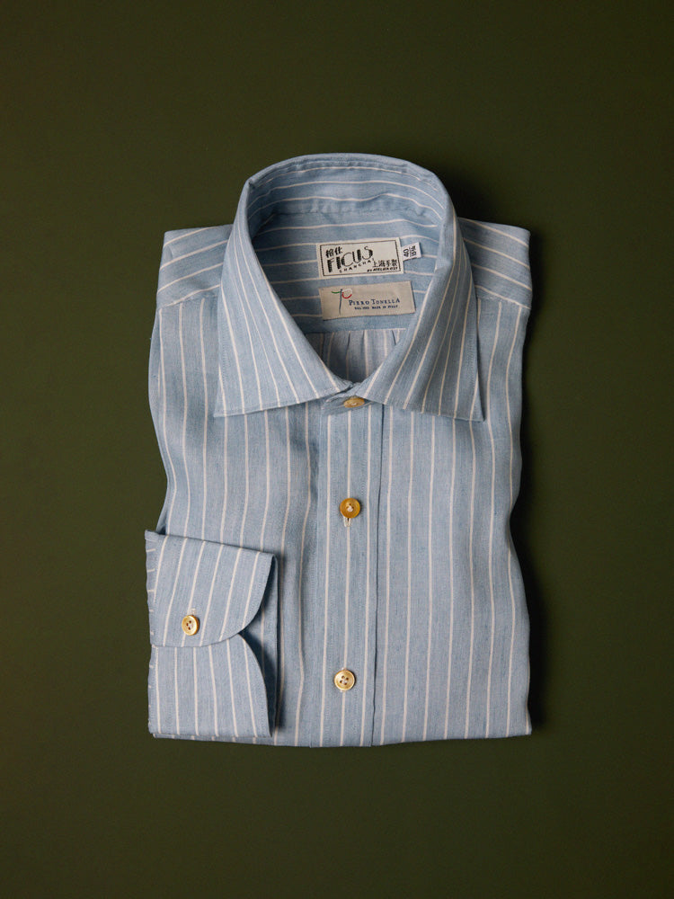 Neapolitan Cotton/Linen Reverse Stripe Spread Collar Handcrafted Shirt - Blue & White/Piero Tonella