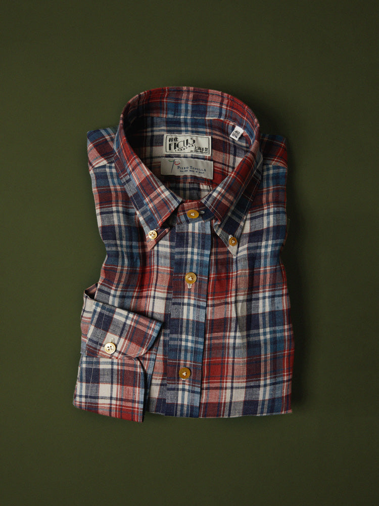 Neapolitan Linen Multi Check Button-Down Handcrafted Shirt - Ecru, Navy & Red/Piero Tonella