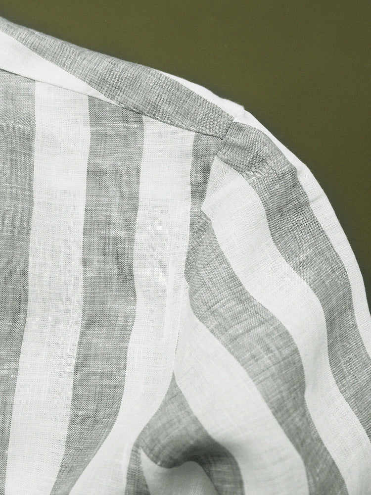 Linen Broad Striped Half One-Piece Collar Handcrafted Shirt - White & Sage / Piero Tonella