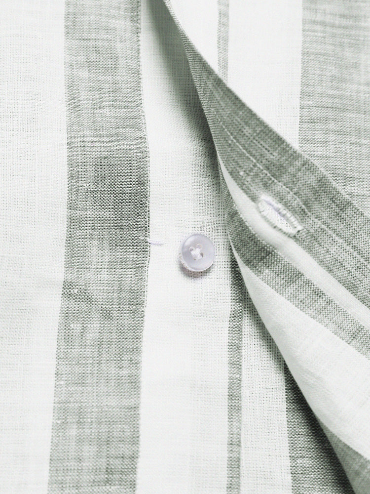 Linen Broad Striped Half One-Piece Collar Handcrafted Shirt - White & Sage / Piero Tonella