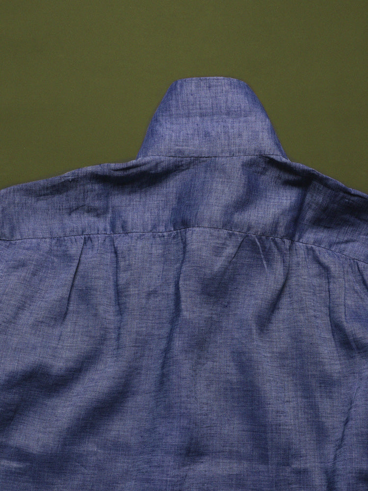 Linen Half One-Piece Collar Handcrafted Shirt - Navy / Albini