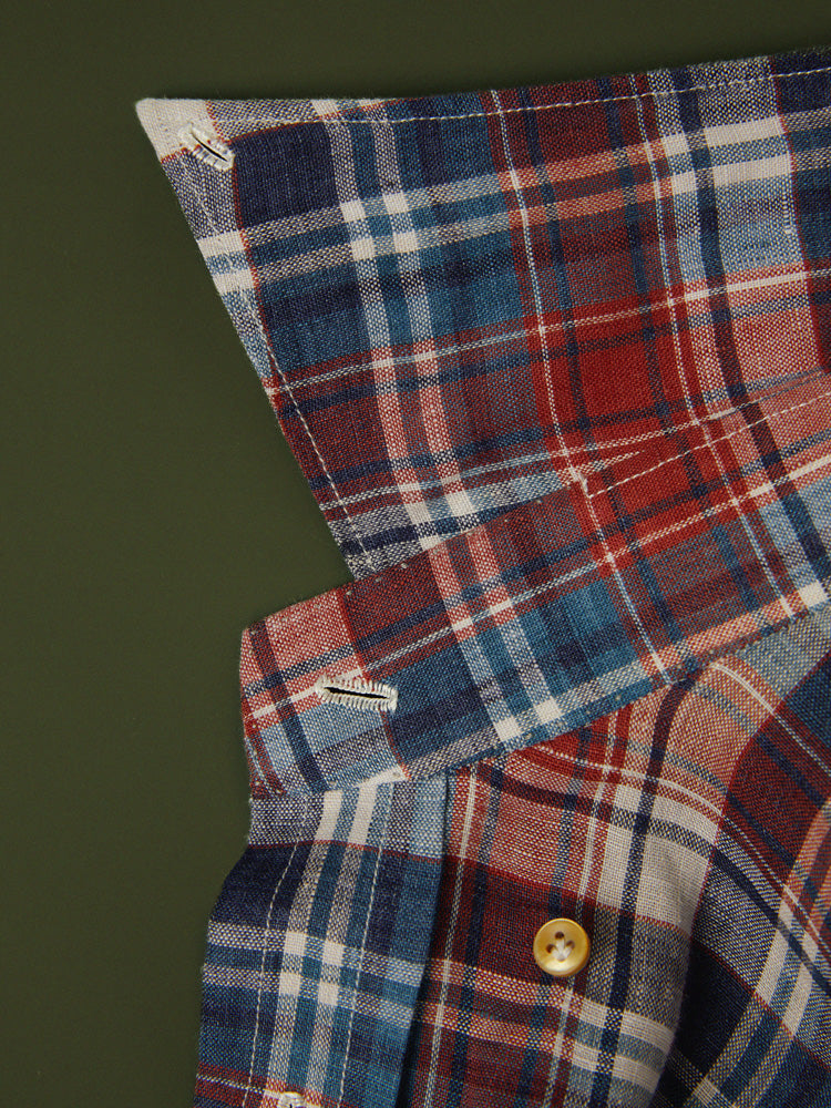 Neapolitan Linen Multi Check Button-Down Handcrafted Shirt - Ecru, Navy & Red/Piero Tonella