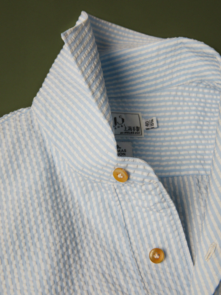 Neapolitan Cotton Seersucker Stripe Handcrafted Polo Shirt - White & Blue/Thomas Mason