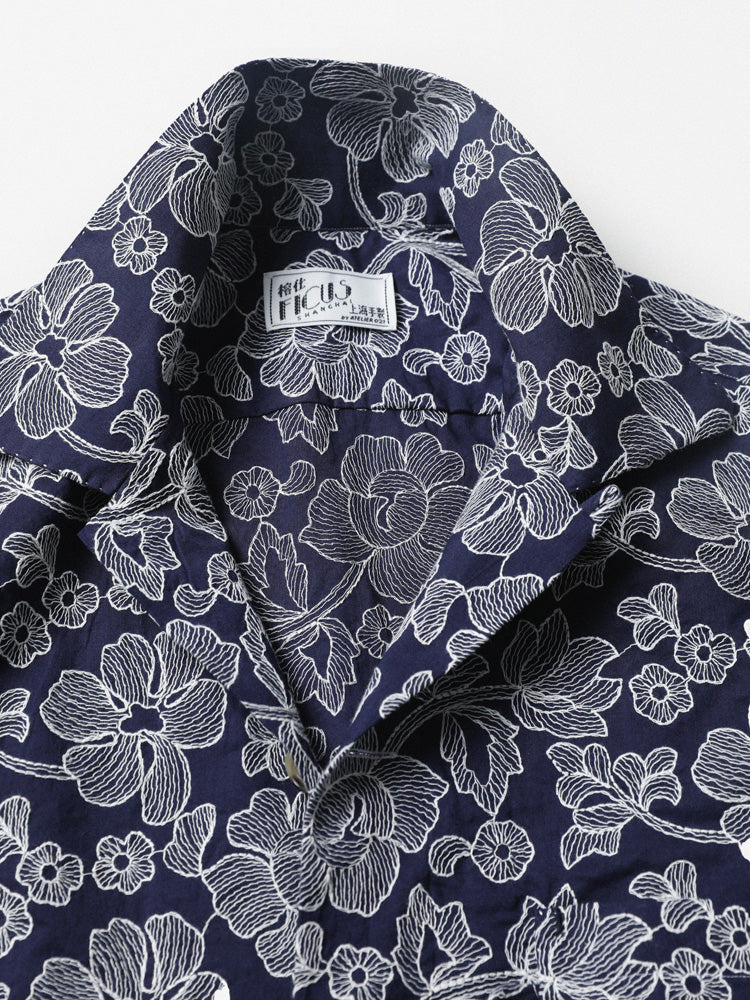 Navy Hand-Embroidered Aloha Shirt