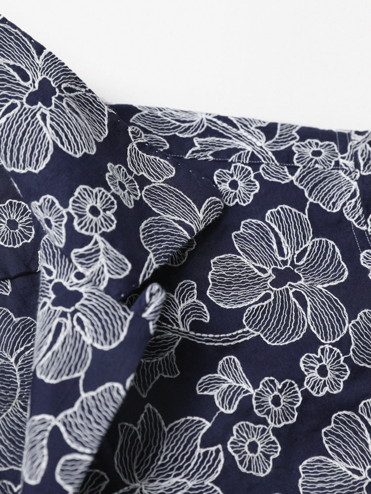 Navy Hand-Embroidered Aloha Shirt