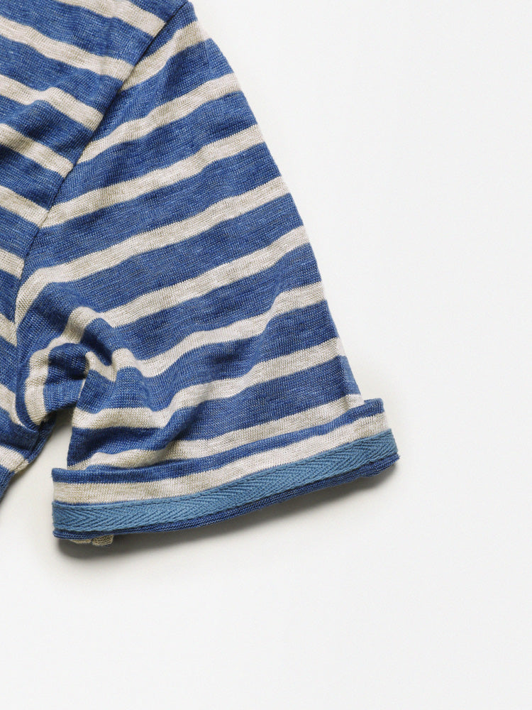 PREMIÈRE Linen Stripe Short-Sleeved T-shirt In Blue & White