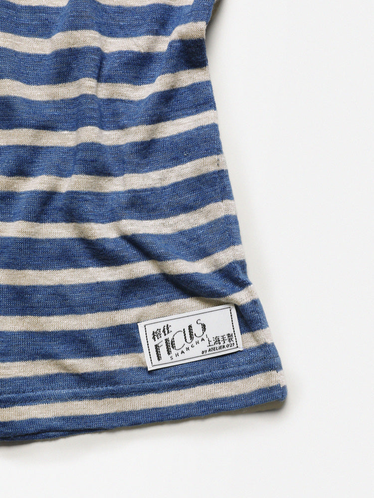 PREMIÈRE Linen Stripe Short-Sleeved T-shirt In Blue & White