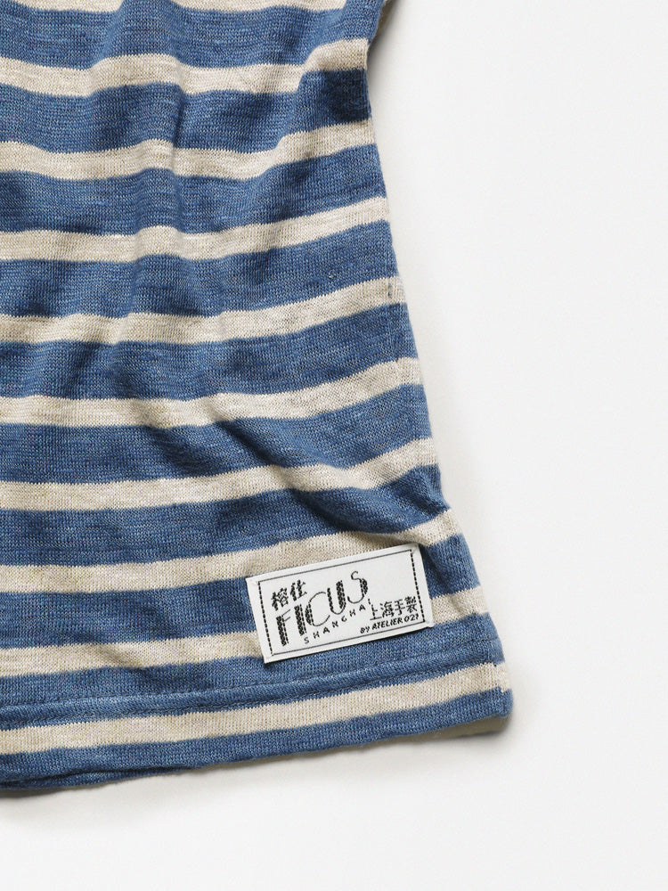 PREMIÈRE Linen Stripe Short-Sleeved T-shirt In Light Blue & White