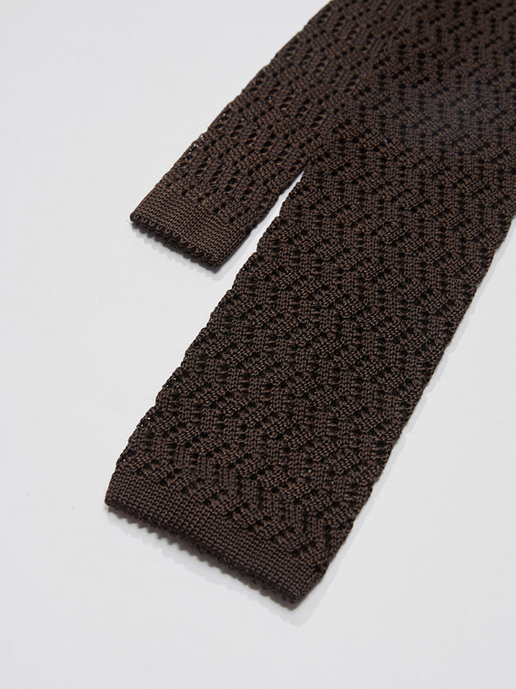 Zag Pattern Silk Knit Tie - Brown